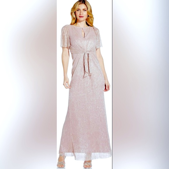 NWT Adrianna Papell Front Ties Textured Metallic Gown Front Keyhole in Stardust - Picture 4 of 10